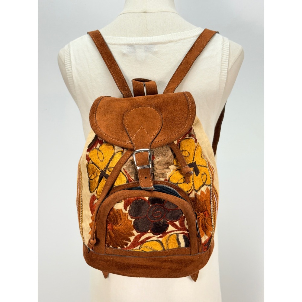 Handmade Floral Embroidered Canvas faux suede Mini Backpack Brown Boho Festival